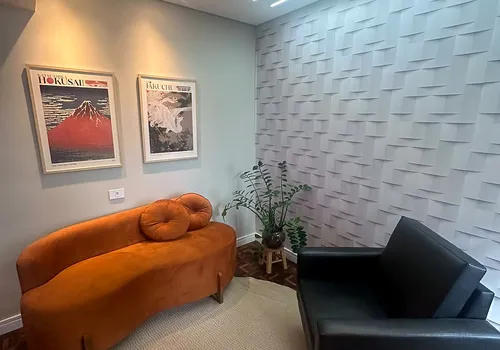 Detalhe do sofá em veludo terracota do segundo consultório