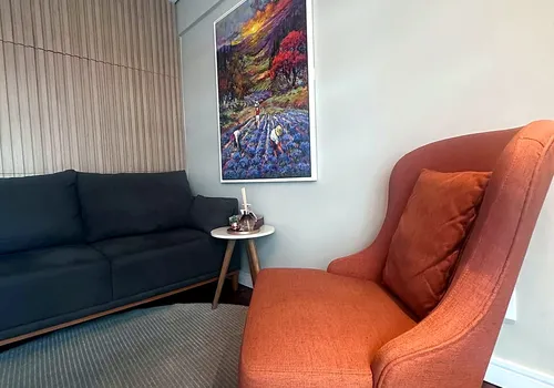 Sofá e poltrona terracota sob pintura colorida em um dos ambientes de estar da clínica